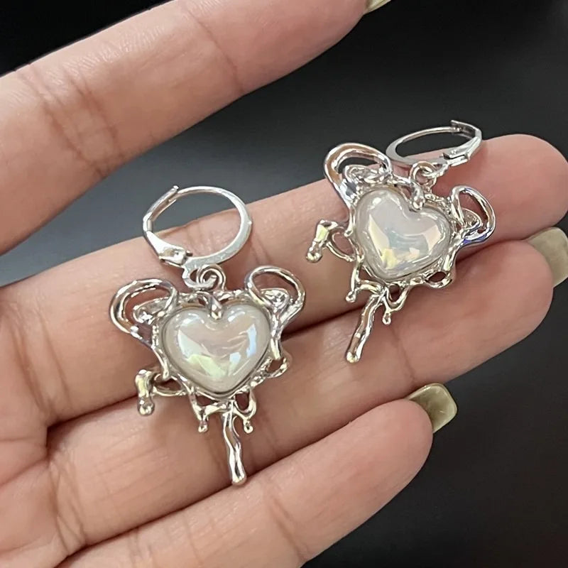 Simple Silver Color Star Earrings for Women Girls Opal Stone Heart Hoop Earrings Punk Y2K Cute Daily Wear Jewelry Party Gifts
