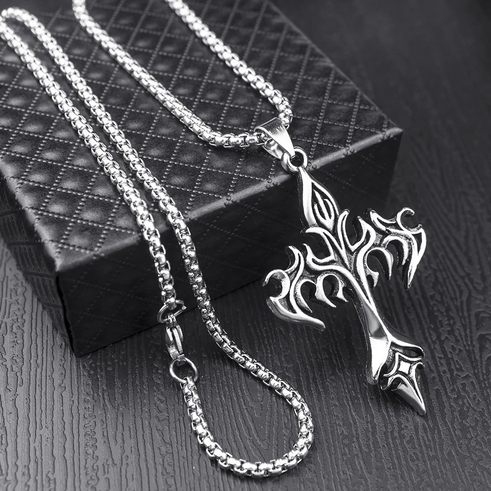 Hip Hop Flame Cross Pendant Necklace Stainless Steel Minimalist Jewelry For Men Retro Fashion Unisex Gift Couple Accessories