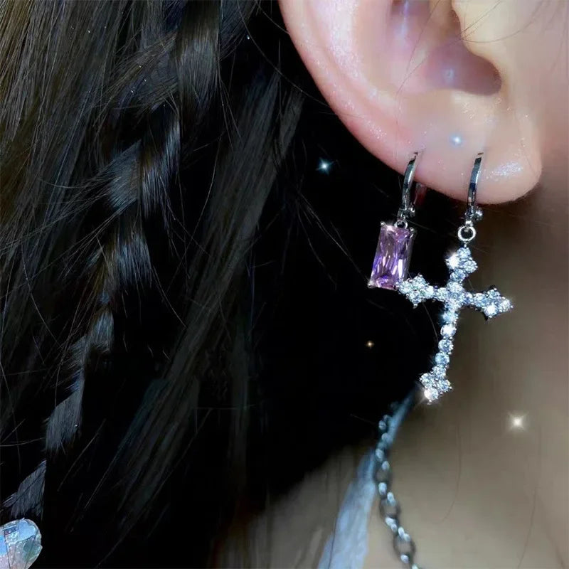 New Rhinestone Zircon Cross Pendant Earrings For Women Korean Fashion Drop Hoop Earrings Birthday Party Jewelry Gifts