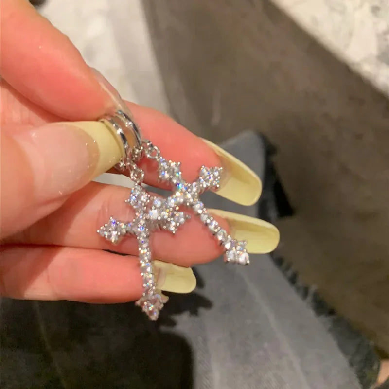 New Rhinestone Zircon Cross Pendant Earrings For Women Korean Fashion Drop Hoop Earrings Birthday Party Jewelry Gifts