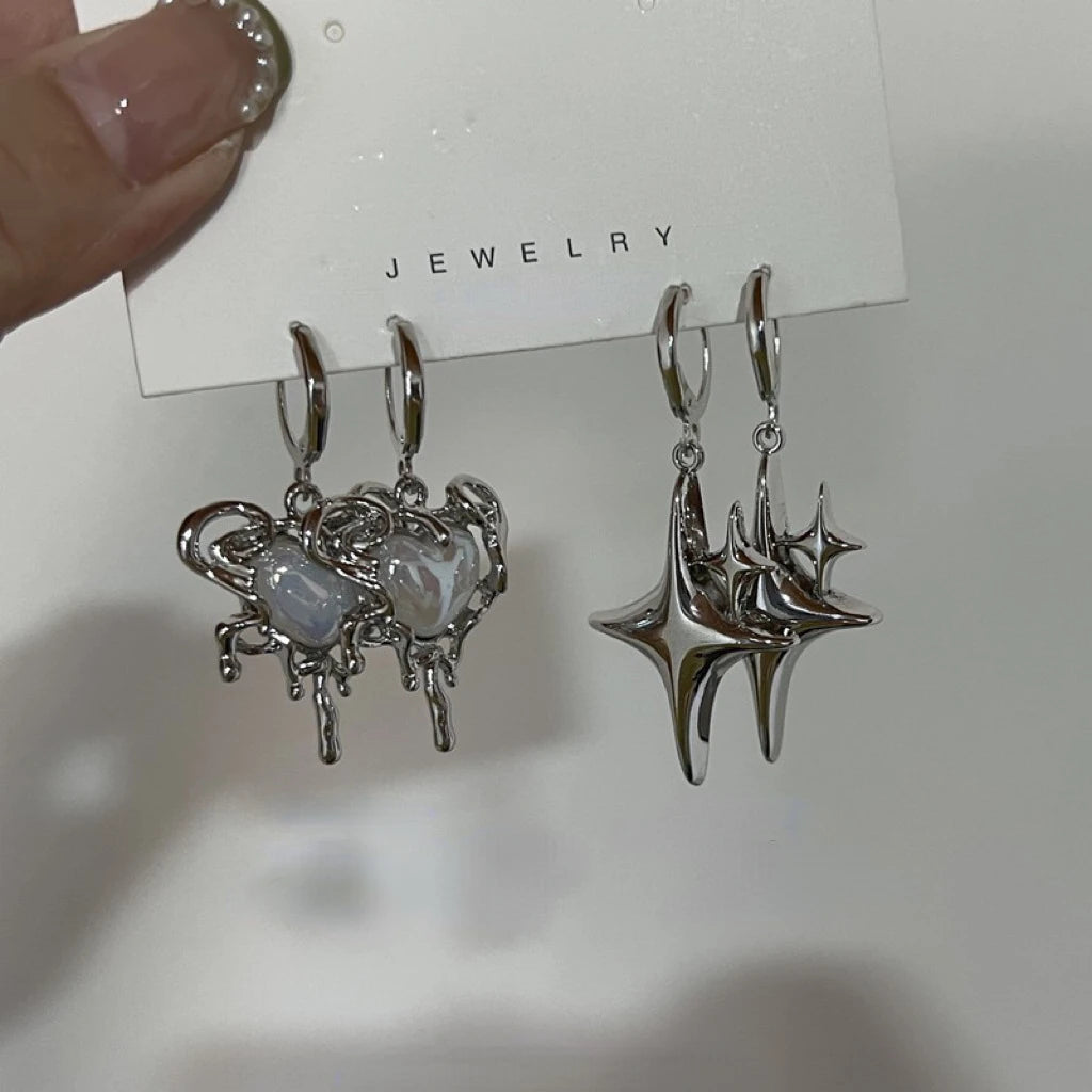 Simple Silver Color Star Earrings for Women Girls Opal Stone Heart Hoop Earrings Punk Y2K Cute Daily Wear Jewelry Party Gifts