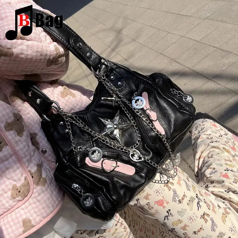 Y2K Gothic Women's Lolita Spicy Girls Punk One Shoulder Handbags Harajuku Soft Leather Chain Locomotive Diagonal Span Bag Totes
