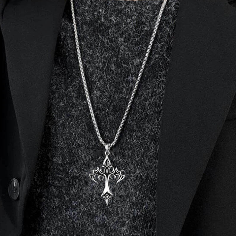 Hip Hop Flame Cross Pendant Necklace Stainless Steel Minimalist Jewelry For Men Retro Fashion Unisex Gift Couple Accessories