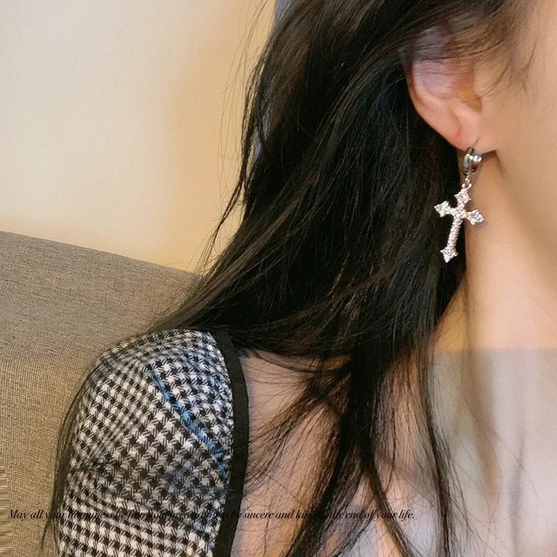 New Rhinestone Zircon Cross Pendant Earrings For Women Korean Fashion Drop Hoop Earrings Birthday Party Jewelry Gifts