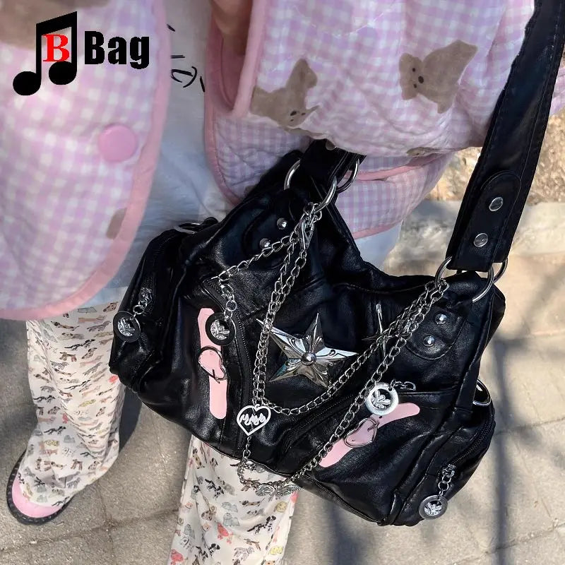 Y2K Gothic Women's Lolita Spicy Girls Punk One Shoulder Handbags Harajuku Soft Leather Chain Locomotive Diagonal Span Bag Totes