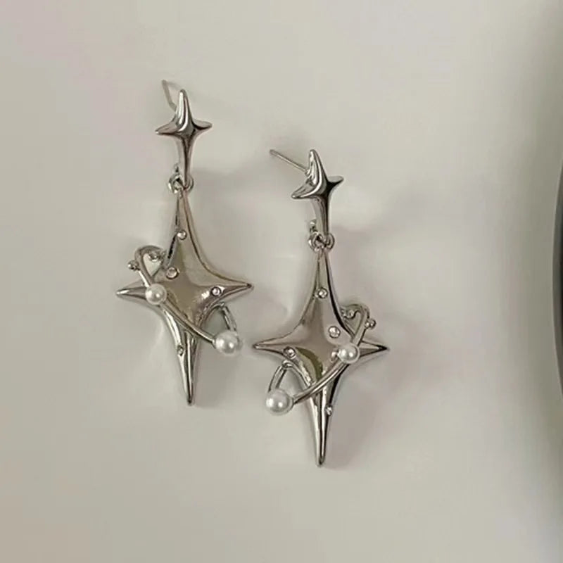 Simple Silver Color Star Earrings for Women Girls Opal Stone Heart Hoop Earrings Punk Y2K Cute Daily Wear Jewelry Party Gifts