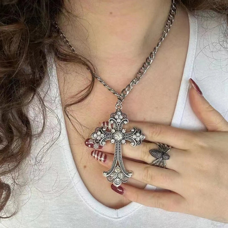 Large Detailed Gothic Cross Pendant Necklace