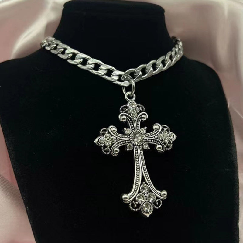 Large Detailed Gothic Cross Pendant Necklace