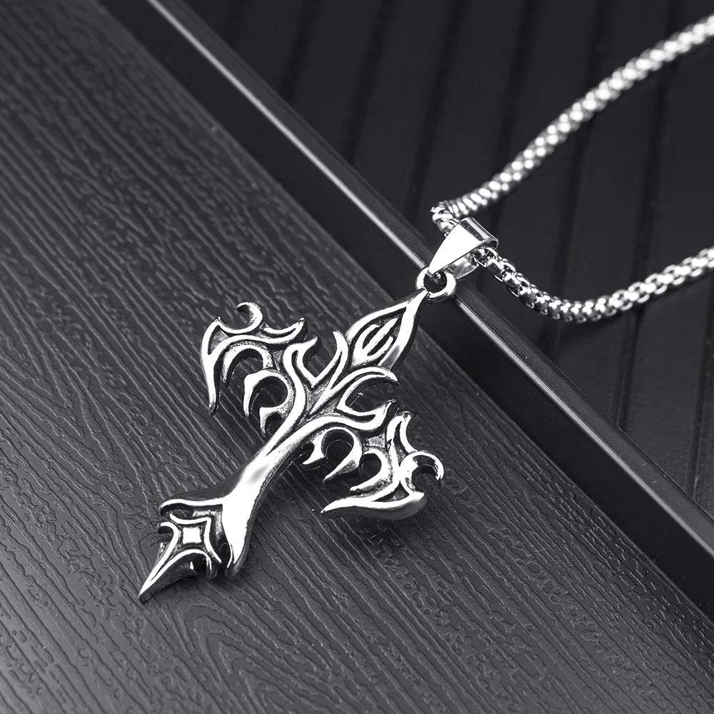 Hip Hop Flame Cross Pendant Necklace Stainless Steel Minimalist Jewelry For Men Retro Fashion Unisex Gift Couple Accessories