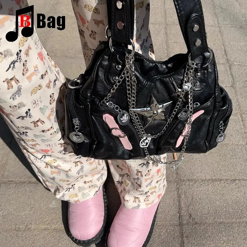 Y2K Gothic Women's Lolita Spicy Girls Punk One Shoulder Handbags Harajuku Soft Leather Chain Locomotive Diagonal Span Bag Totes