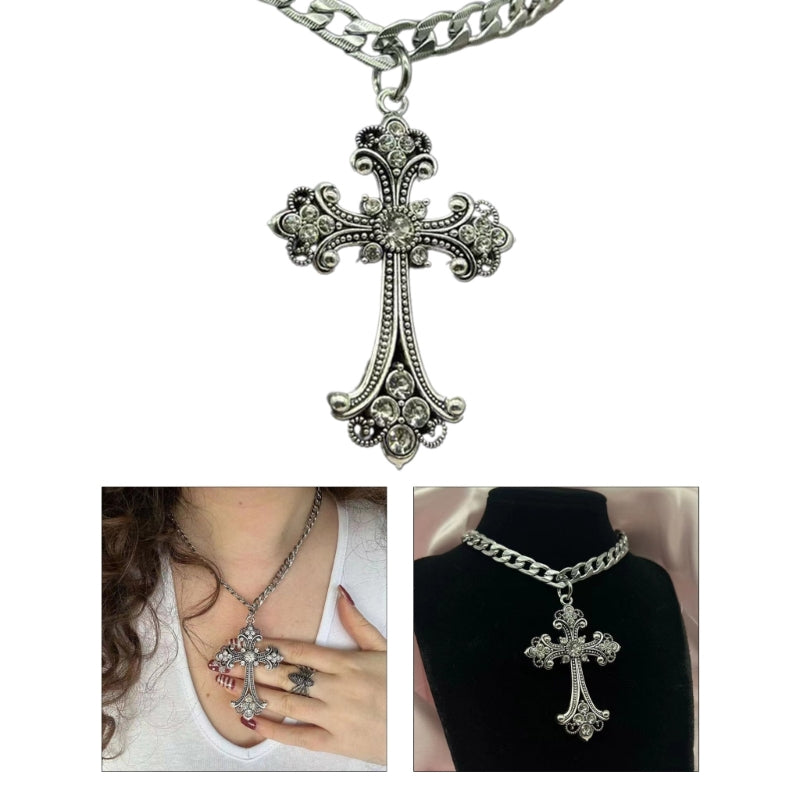Large Detailed Gothic Cross Pendant Necklace