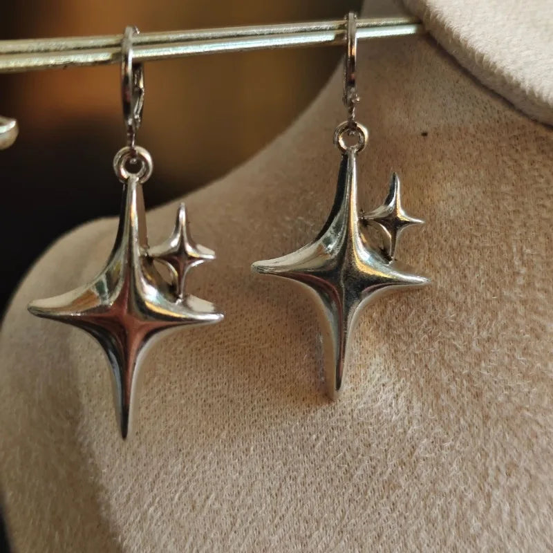 Simple Silver Color Star Earrings for Women Girls Opal Stone Heart Hoop Earrings Punk Y2K Cute Daily Wear Jewelry Party Gifts
