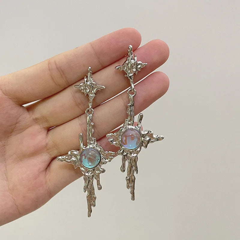 2023 Trend Cross Moonstone Dangle Earrings Women Girl Irregular Liquid Metal Cross Crystals Drops Earrings Jewelry