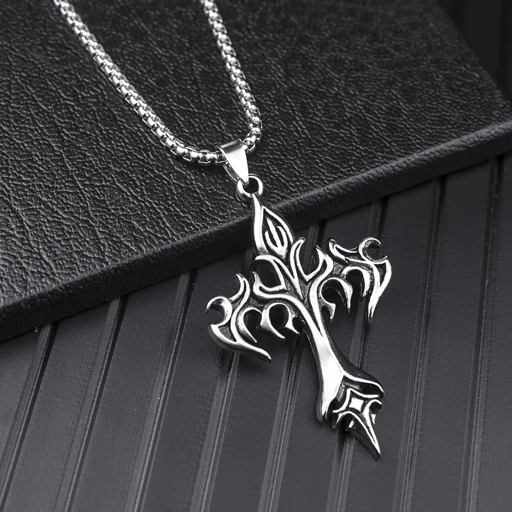 Hip Hop Flame Cross Pendant Necklace Stainless Steel Minimalist Jewelry For Men Retro Fashion Unisex Gift Couple Accessories