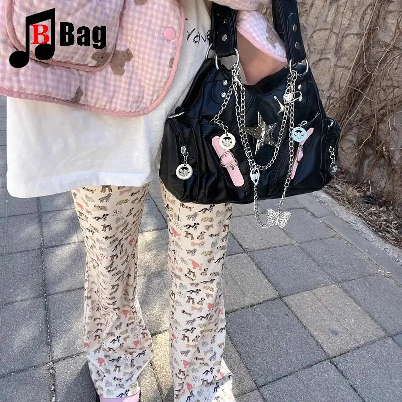Y2K Gothic Women's Lolita Spicy Girls Punk One Shoulder Handbags Harajuku Soft Leather Chain Locomotive Diagonal Span Bag Totes