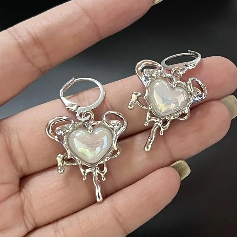 Simple Silver Color Star Earrings for Women Girls Opal Stone Heart Hoop Earrings Punk Y2K Cute Daily Wear Jewelry Party Gifts