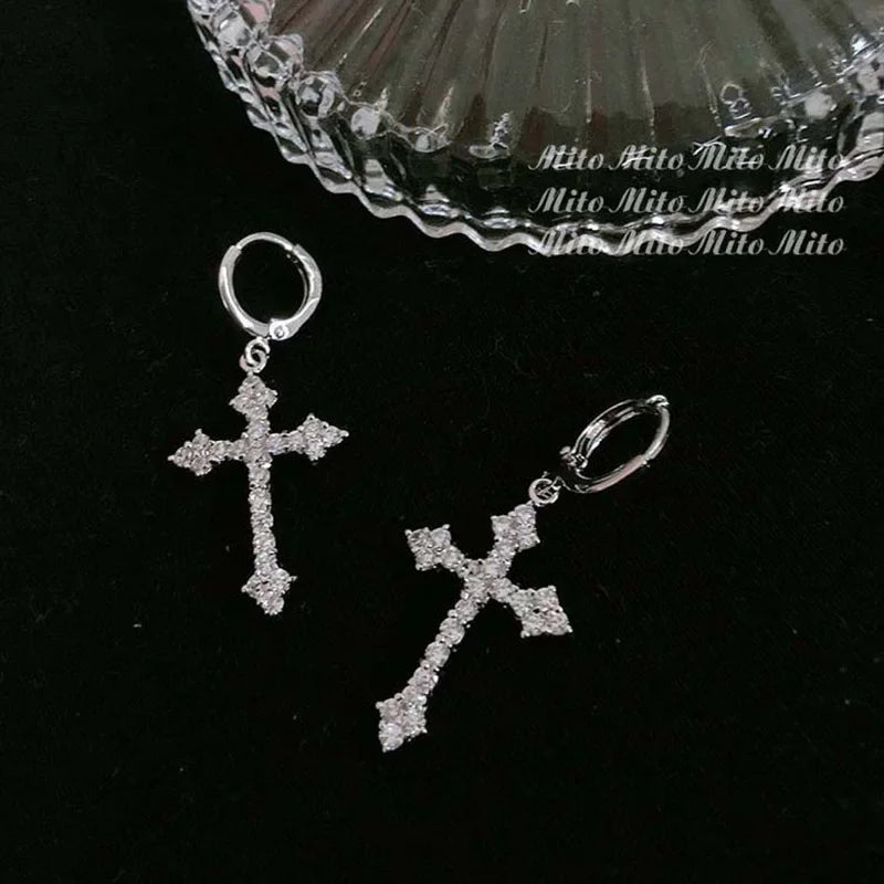 New Rhinestone Zircon Cross Pendant Earrings For Women Korean Fashion Drop Hoop Earrings Birthday Party Jewelry Gifts