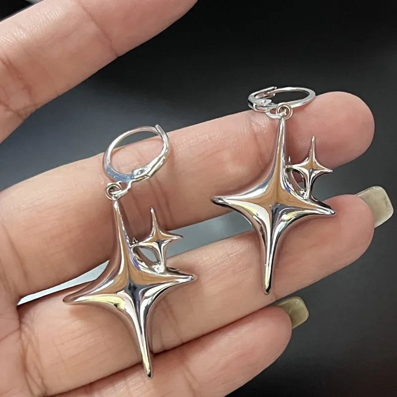 Simple Silver Color Star Earrings for Women Girls Opal Stone Heart Hoop Earrings Punk Y2K Cute Daily Wear Jewelry Party Gifts