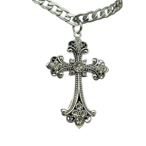 Large Detailed Gothic Cross Pendant Necklace