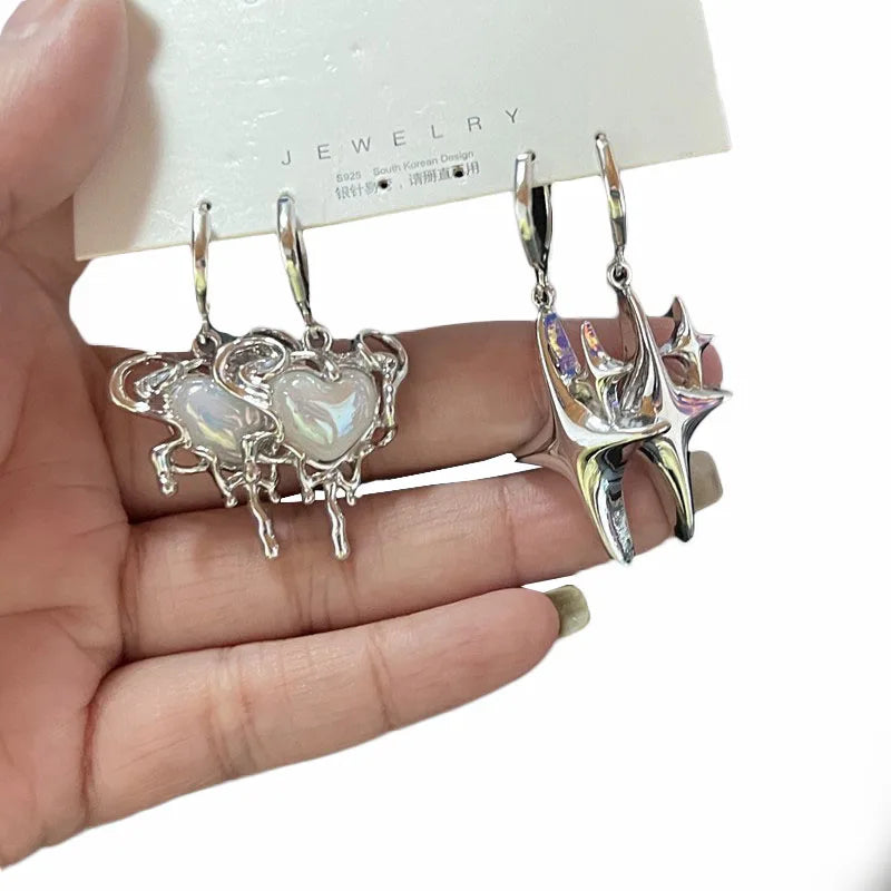 Simple Silver Color Star Earrings for Women Girls Opal Stone Heart Hoop Earrings Punk Y2K Cute Daily Wear Jewelry Party Gifts