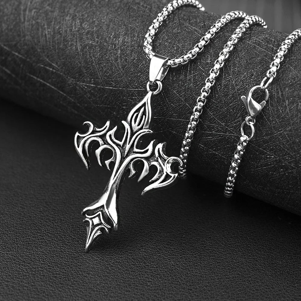 Hip Hop Flame Cross Pendant Necklace Stainless Steel Minimalist Jewelry For Men Retro Fashion Unisex Gift Couple Accessories